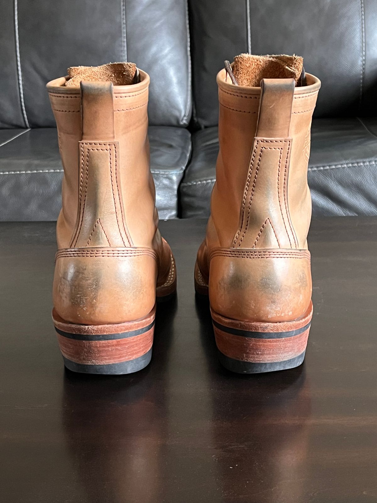 Photo by OldManSteez on January 1, 2026 of the Frank's Boots Wilshire in J&FJ Baker Natural Oak Bark Tanned Harness.