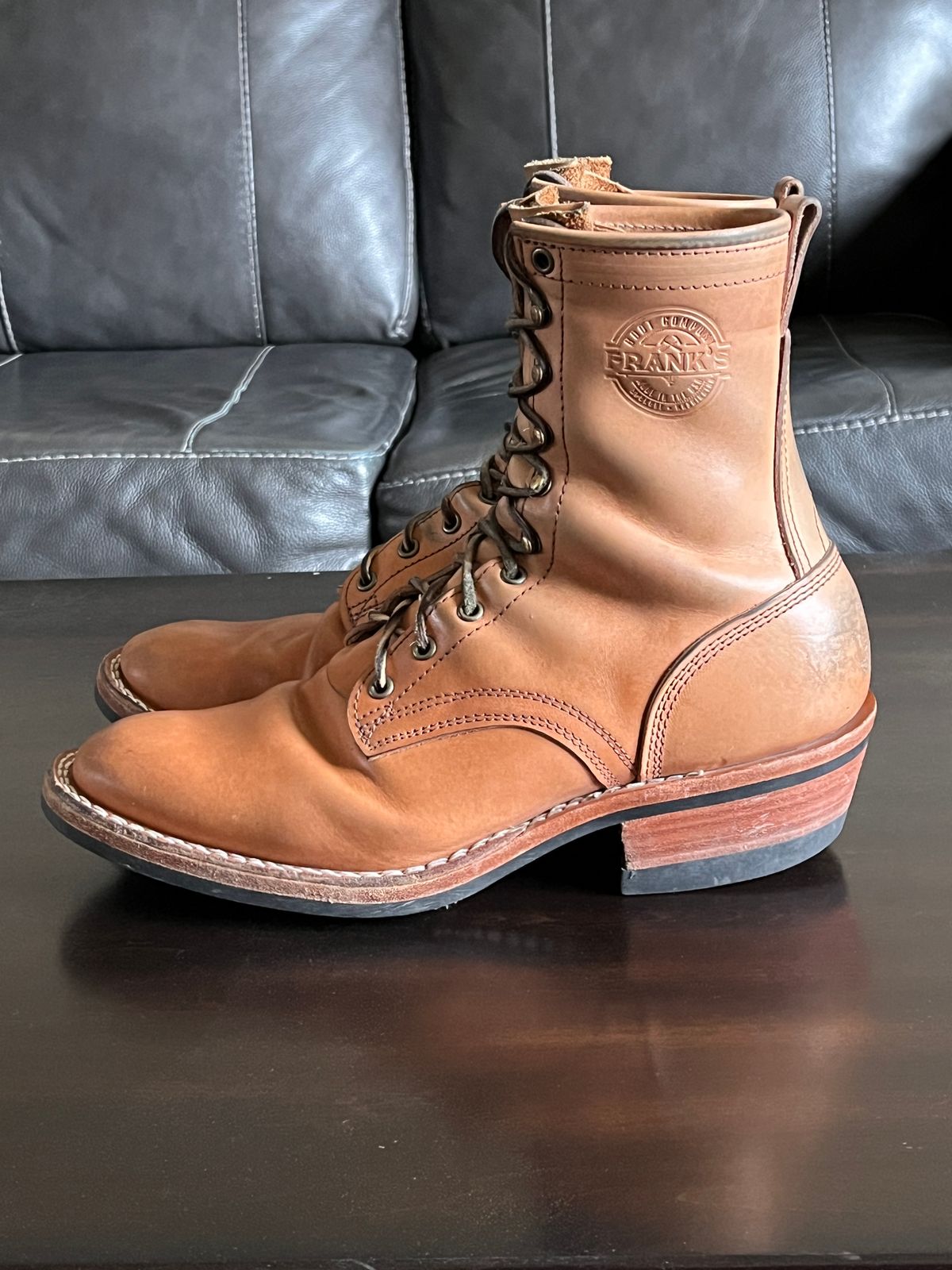 Photo by OldManSteez on January 1, 2026 of the Frank's Boots Wilshire in J&FJ Baker Natural Oak Bark Tanned Harness.