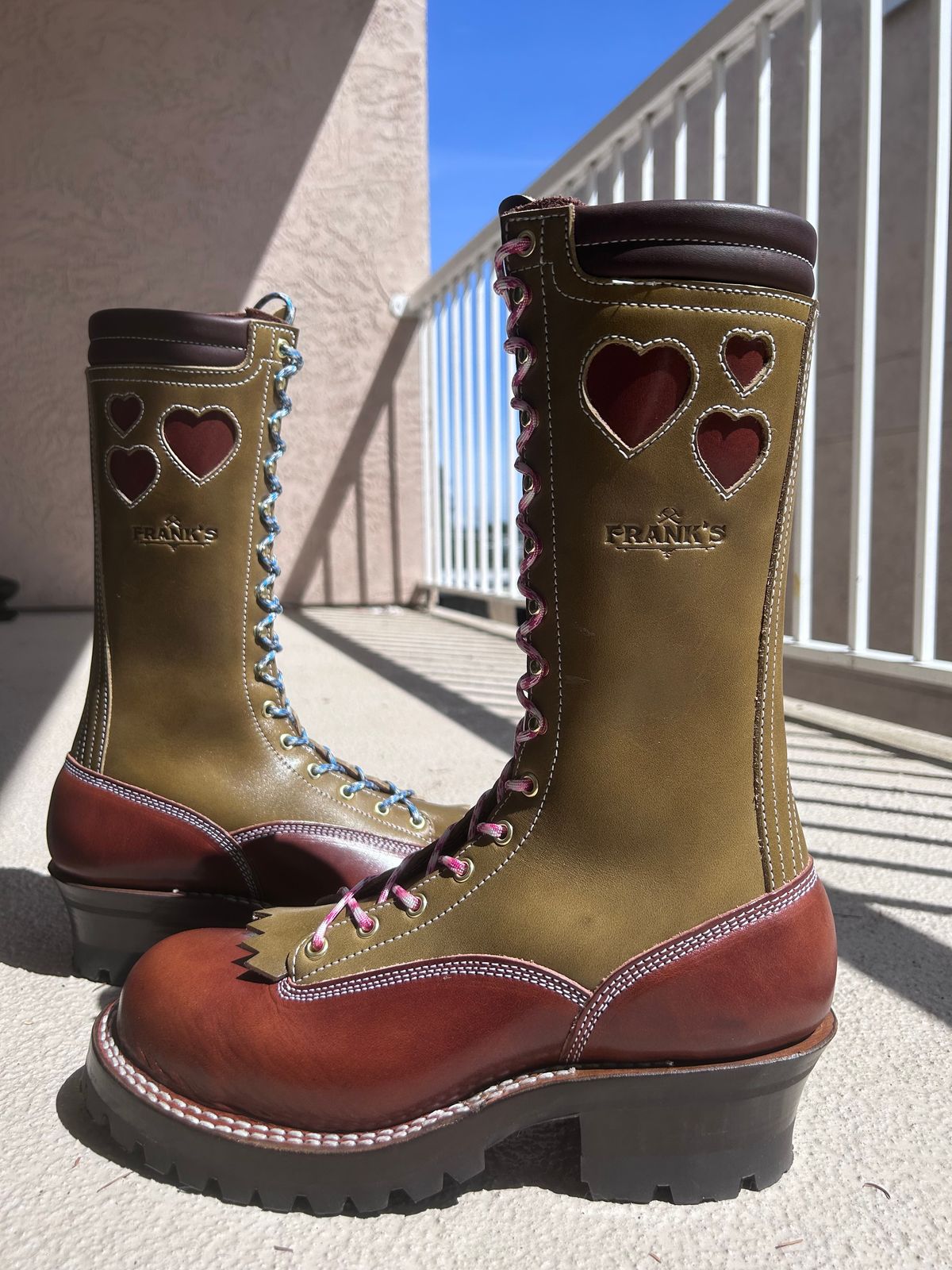 Photo by even on June 1, 2026 of the Frank's Boots Lace-To-Toe in Wickett & Craig Medium Brown Traditional Harness & Wickett & Craig Olive Traditional Harness.