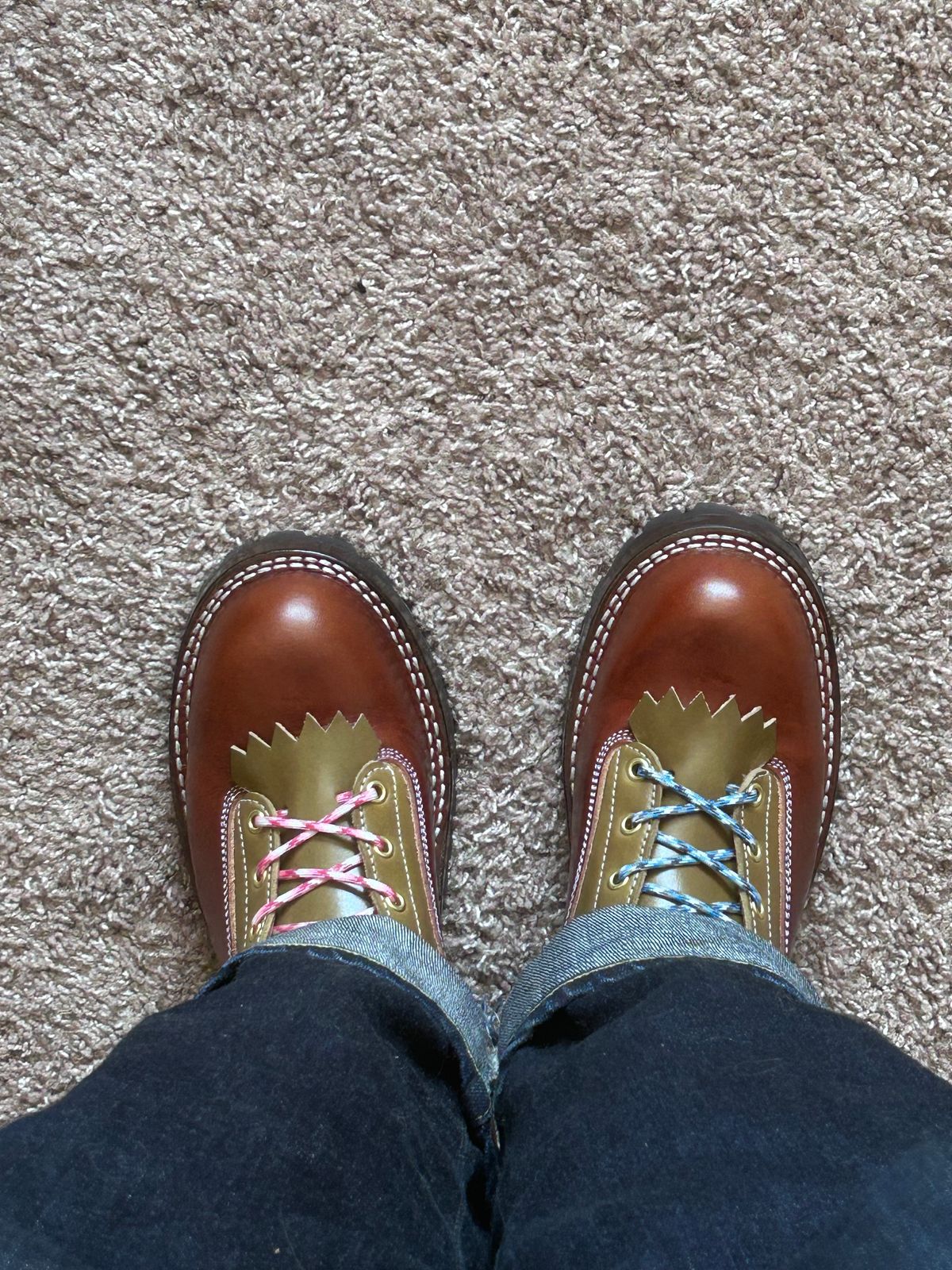 Photo by even on June 1, 2026 of the Frank's Boots Lace-To-Toe in Wickett & Craig Medium Brown Traditional Harness & Wickett & Craig Olive Traditional Harness.