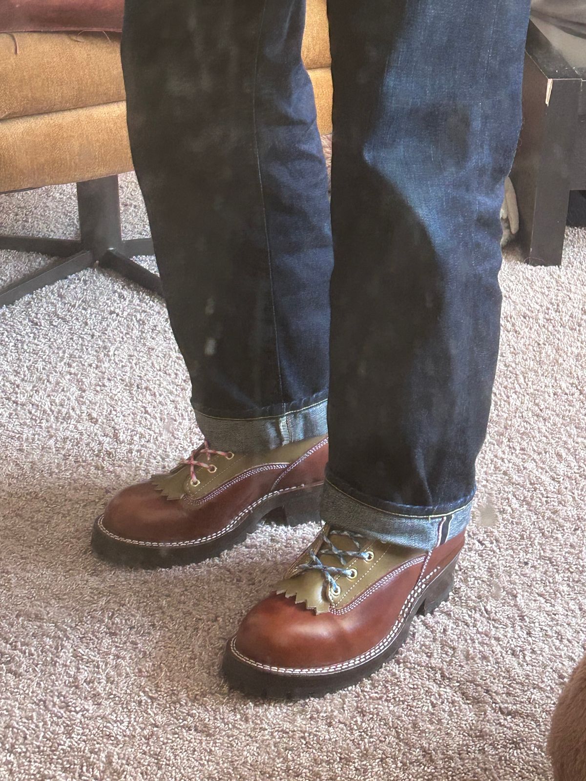 Photo by even on June 1, 2026 of the Frank's Boots Lace-To-Toe in Wickett & Craig Medium Brown Traditional Harness & Wickett & Craig Olive Traditional Harness.