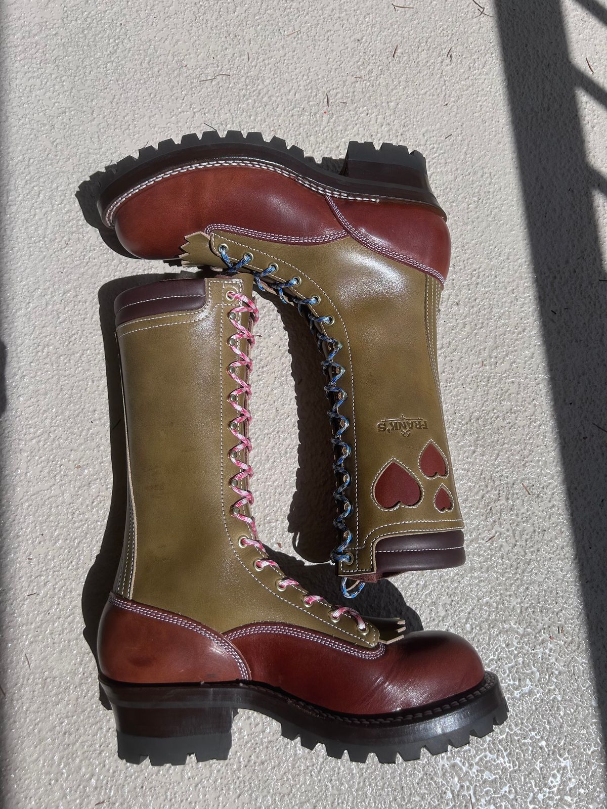 Photo by even on June 1, 2026 of the Frank's Boots Lace-To-Toe in Wickett & Craig Medium Brown Traditional Harness & Wickett & Craig Olive Traditional Harness.