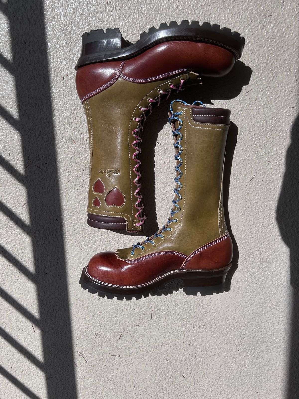 Photo by even on June 1, 2026 of the Frank's Boots Lace-To-Toe in Wickett & Craig Medium Brown Traditional Harness & Wickett & Craig Olive Traditional Harness.