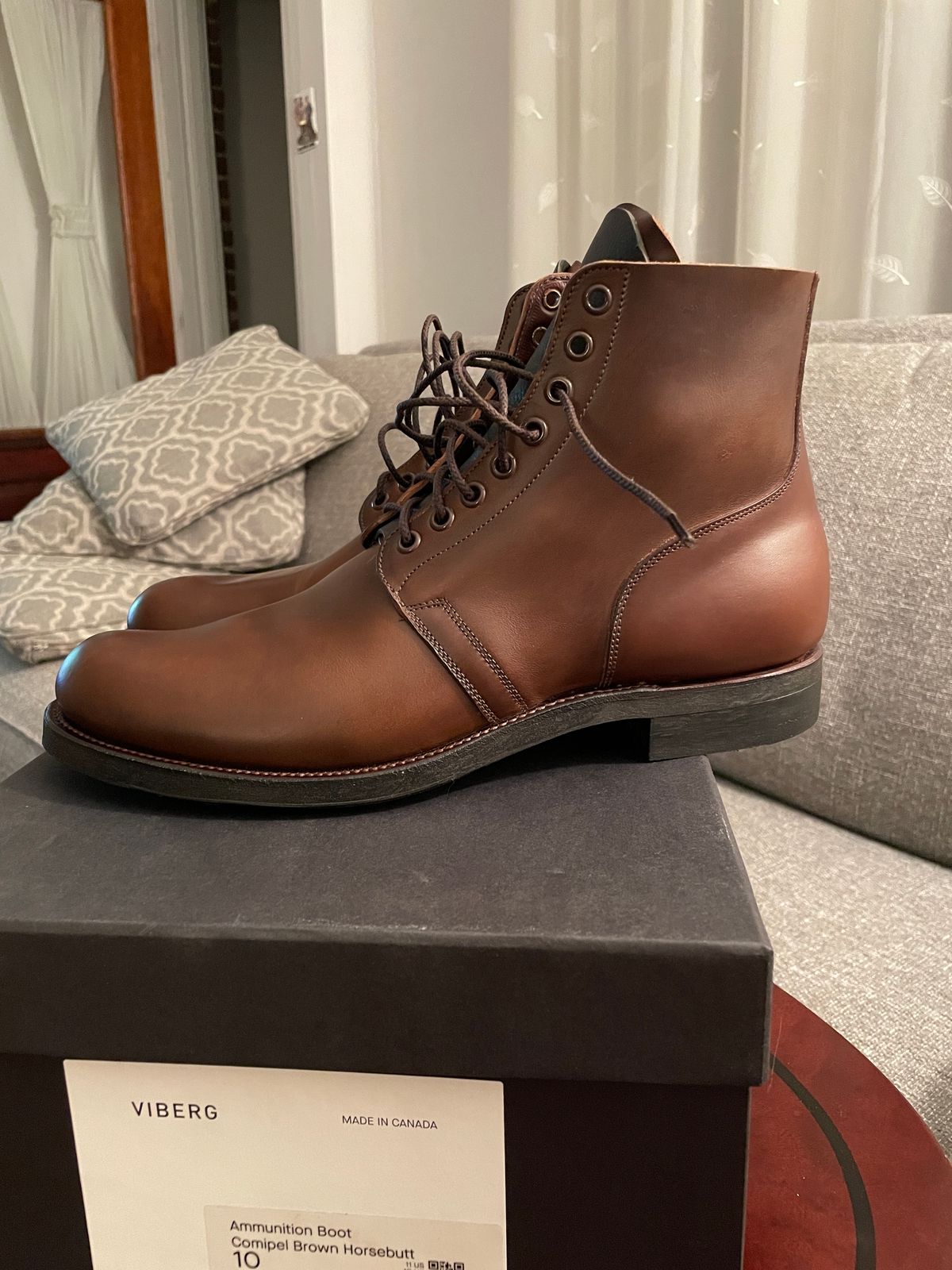 Photo by Daniel.S.Latham on October 1, 2023 of the Viberg x Himel Ammunition Boot in Comipel Brown Horsebutt.
