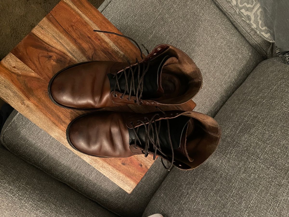 Photo by Daniel.S.Latham on December 5, 2023 of the Viberg x Himel Ammunition Boot in Comipel Brown Horsebutt.