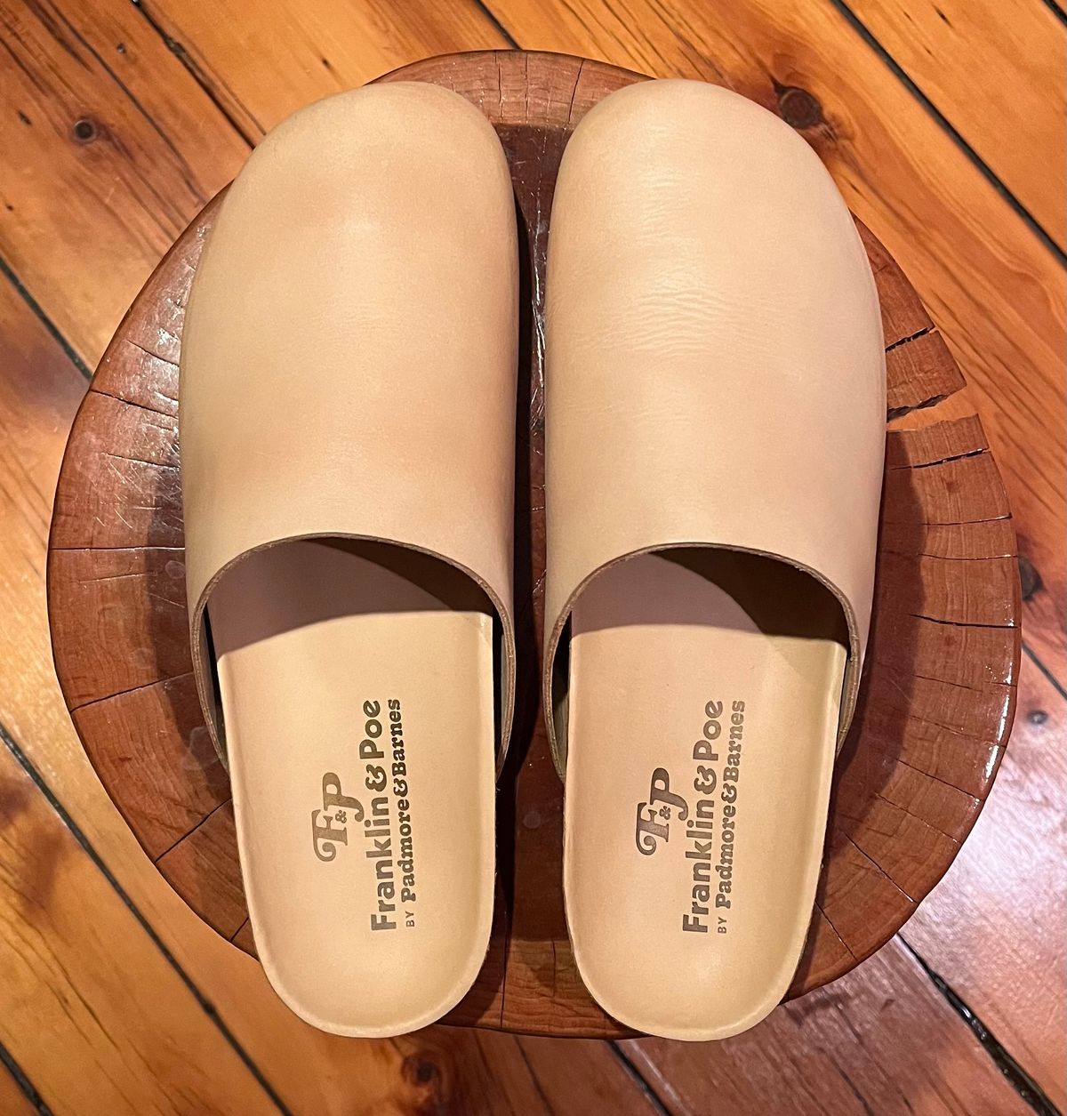 Photo by clarkbars on October 2, 2024 of the Padmore & Barnes Slides in Unknown Natural Veg Tan.