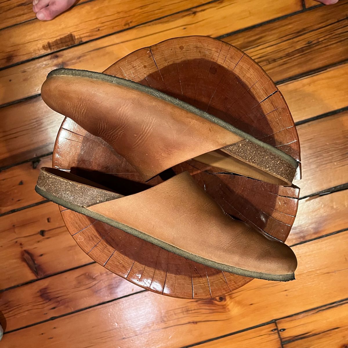 Photo by clarkbars on March 5, 2025 of the Padmore & Barnes Slides in Unknown Natural Veg Tan.