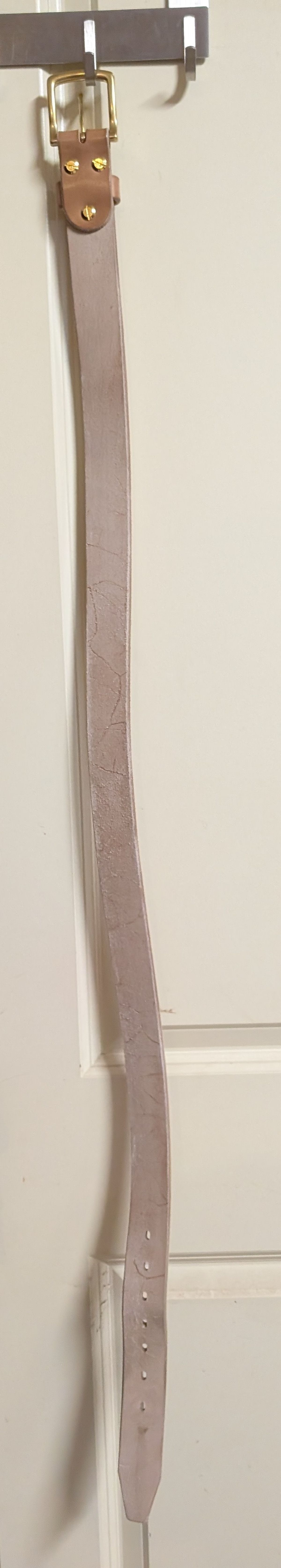 Photo by Lazy_Spread on November 1, 2025 of the Carmine Jack Leather 2025 Thunderdome Natural Shipyard Belt in J&FJ Baker Natural Oak Bark Bridle.