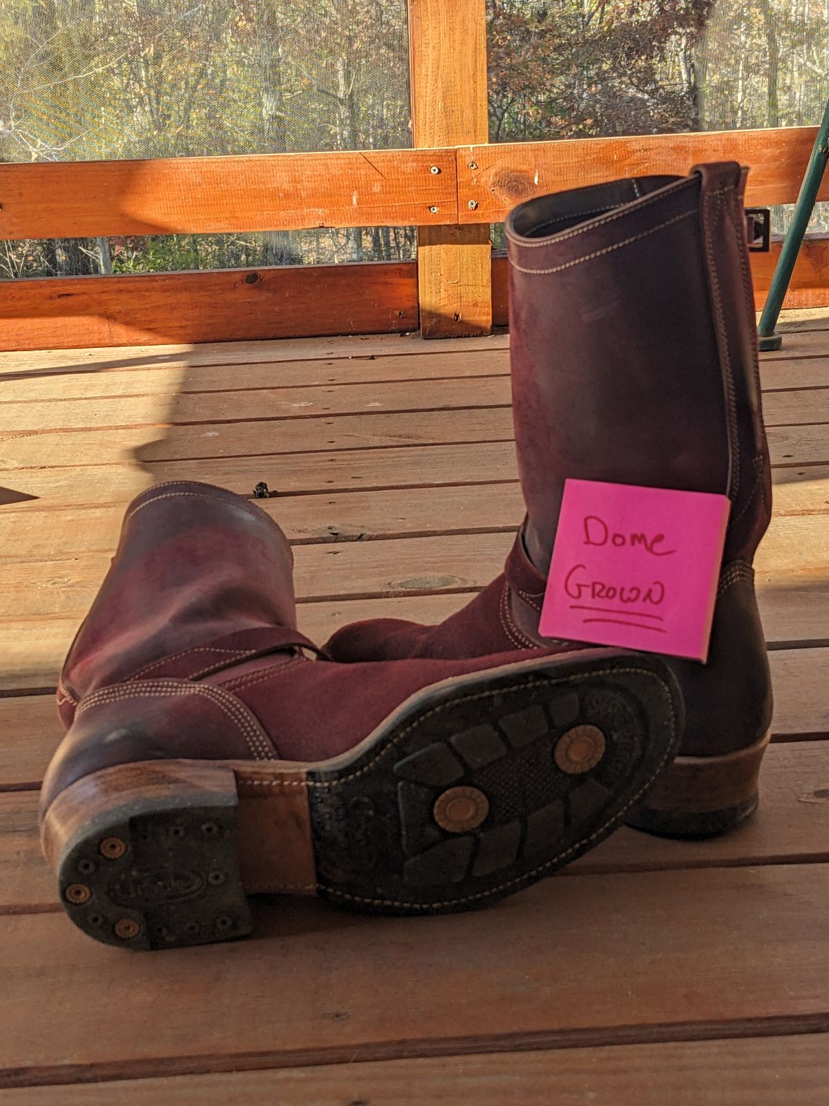 Photo by Lazy_Spread on November 5, 2023 of the Unsung U 22-2 Engineer Boot in Horween Burgundy Workshoe Butt Roughout.