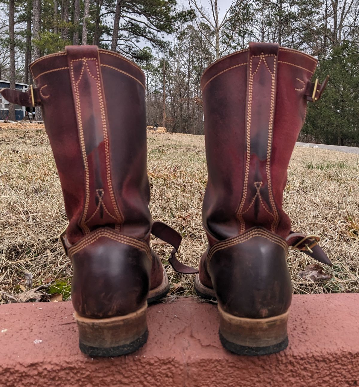 Photo by Lazy_Spread on February 4, 2024 of the Unsung U 22-2 Engineer Boot in Horween Burgundy Workshoe Butt Roughout.