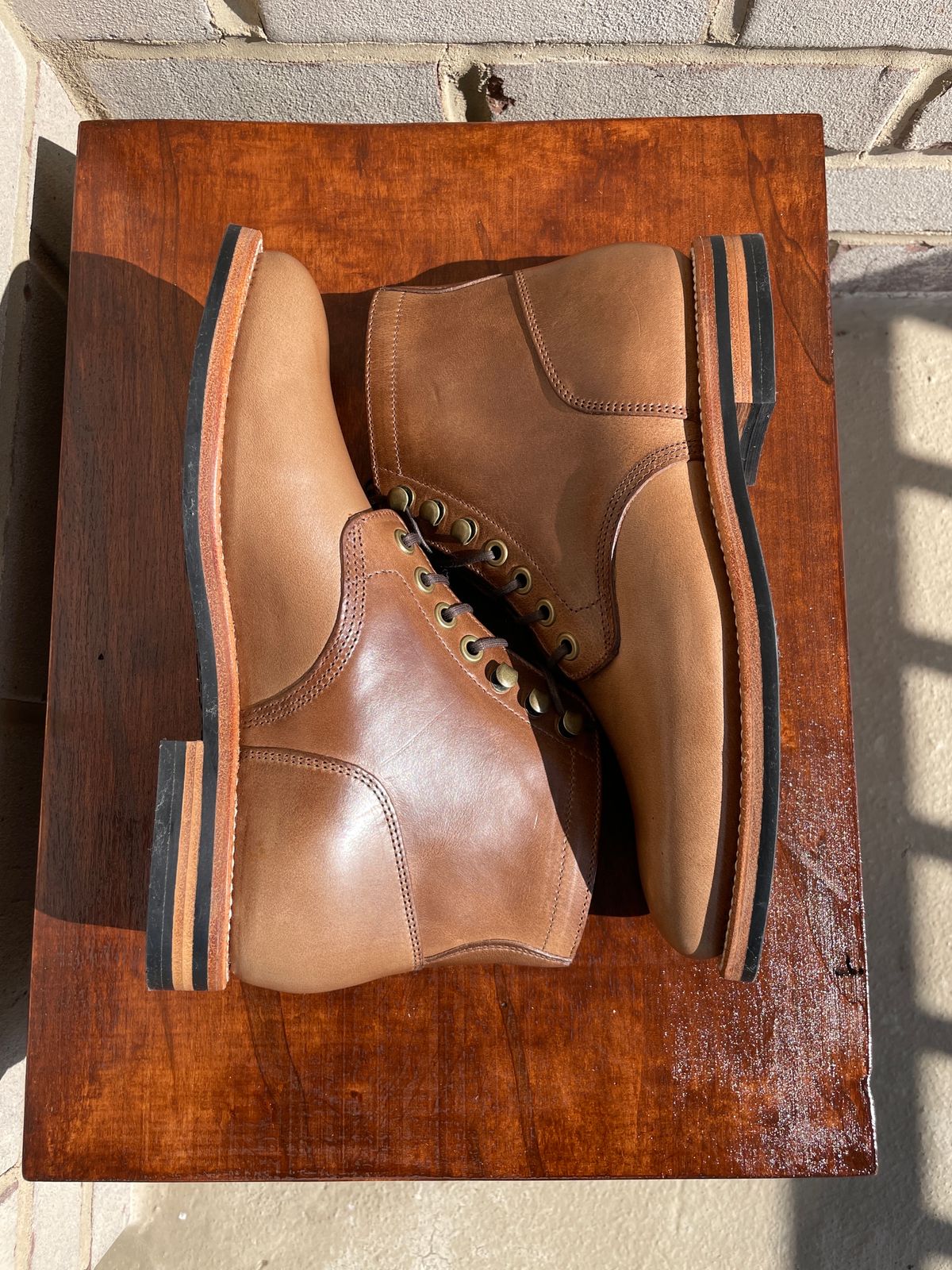 Photo by babblingboots on October 4, 2023 of the Grant Stone Nora Boot in Horween Dune Chromexcel.