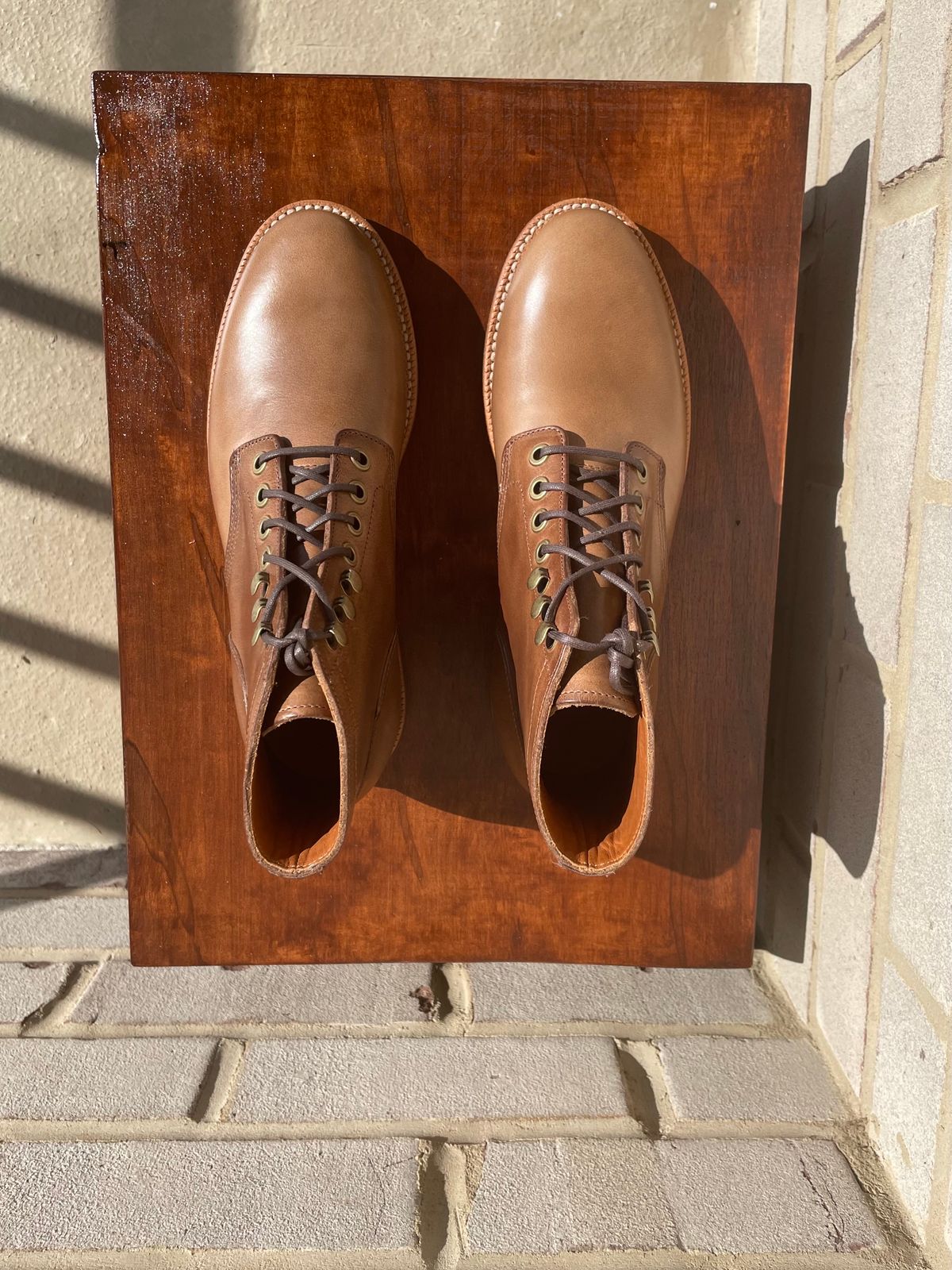 Photo by babblingboots on October 4, 2023 of the Grant Stone Nora Boot in Horween Dune Chromexcel.