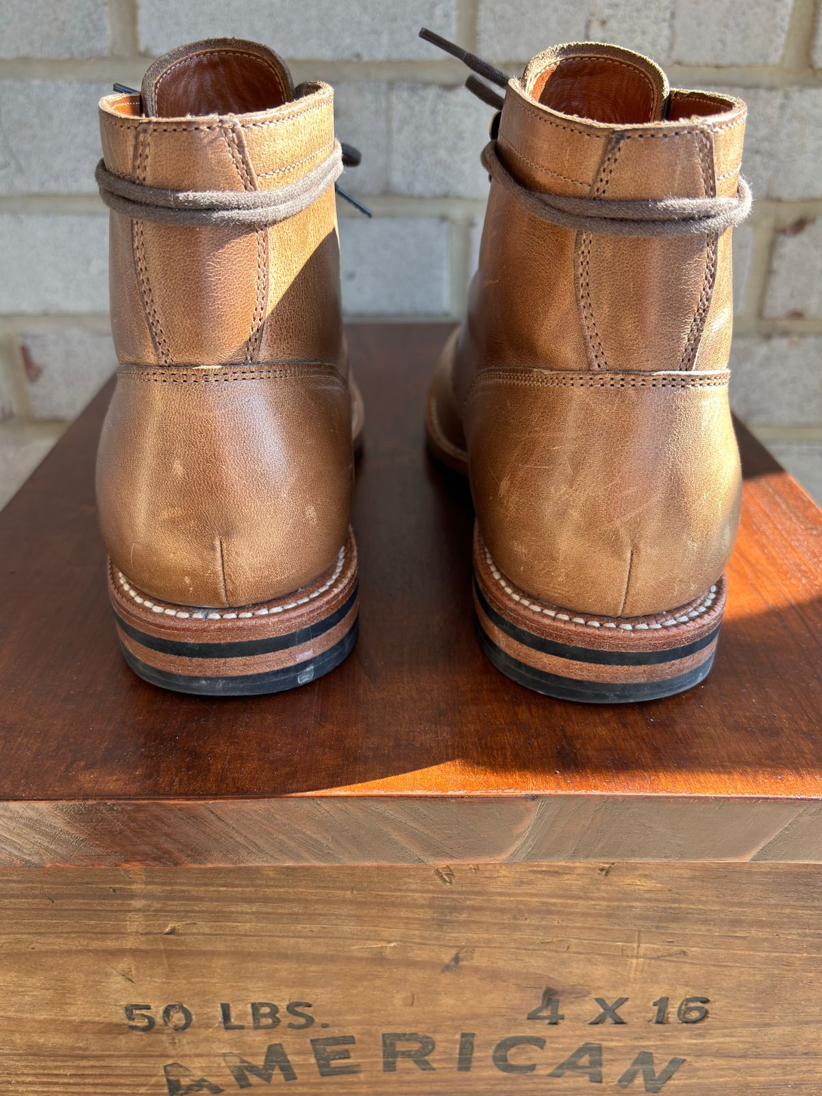 Photo by babblingboots on November 5, 2023 of the Grant Stone Nora Boot in Horween Dune Chromexcel.