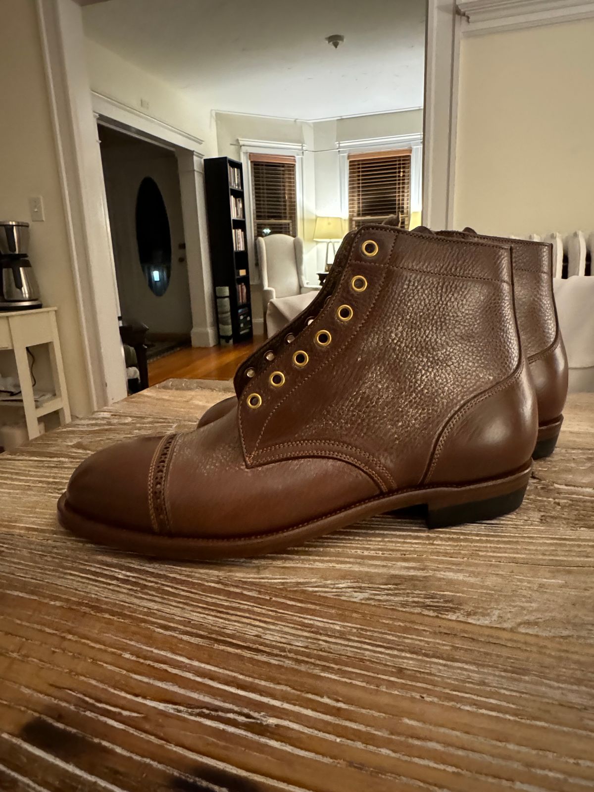 Photo by catchyname on March 8, 2024 of the Iron Boots Devil Dog in Coffee Brown Italy Waxed Bullhide.