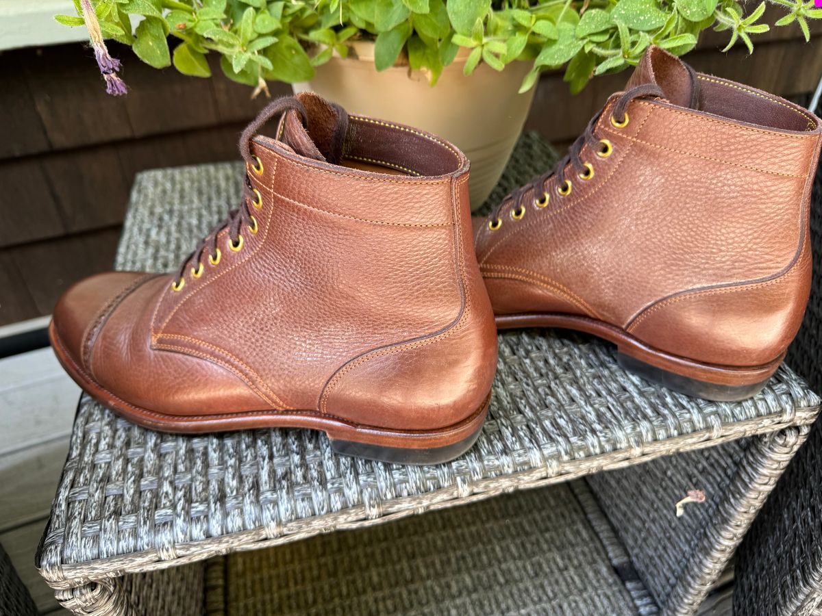 Photo by catchyname on June 26, 2024 of the Iron Boots Devil Dog in Coffee Brown Italy Waxed Bullhide.