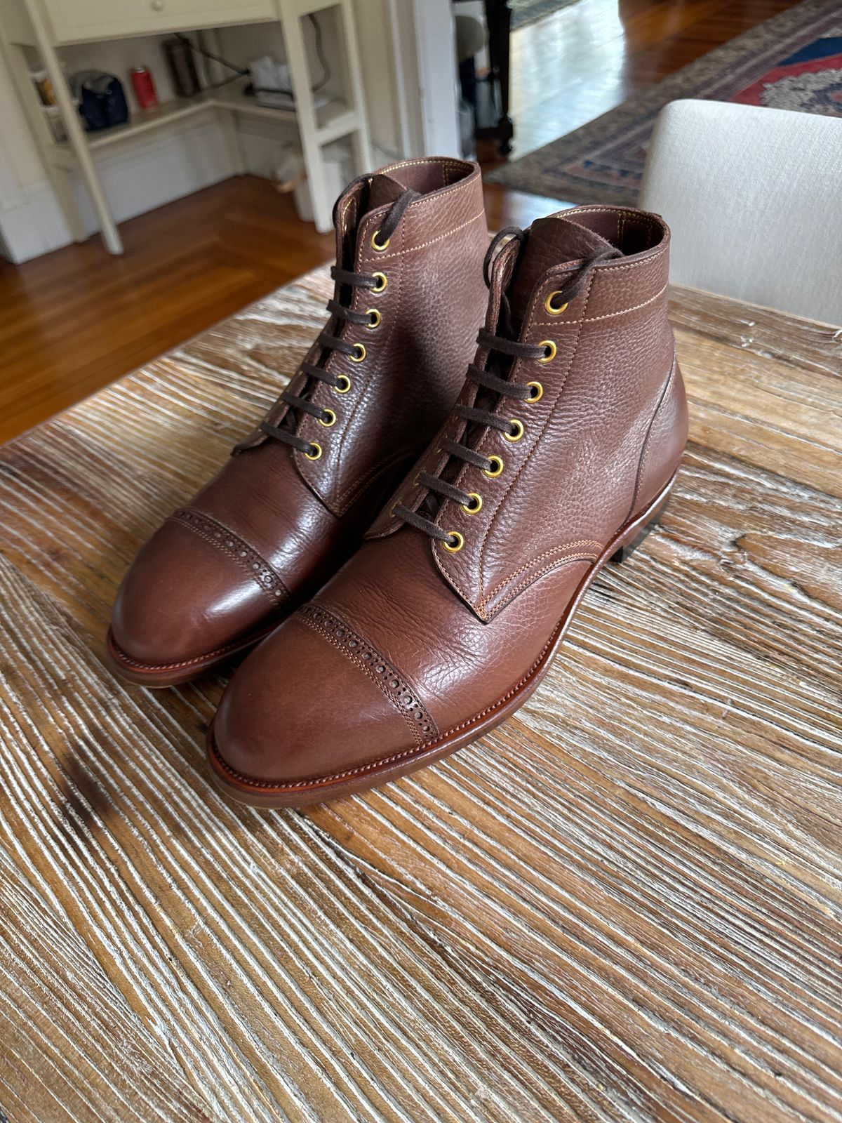 Photo by catchyname on September 27, 2024 of the Iron Boots Devil Dog in Coffee Brown Italy Waxed Bullhide.