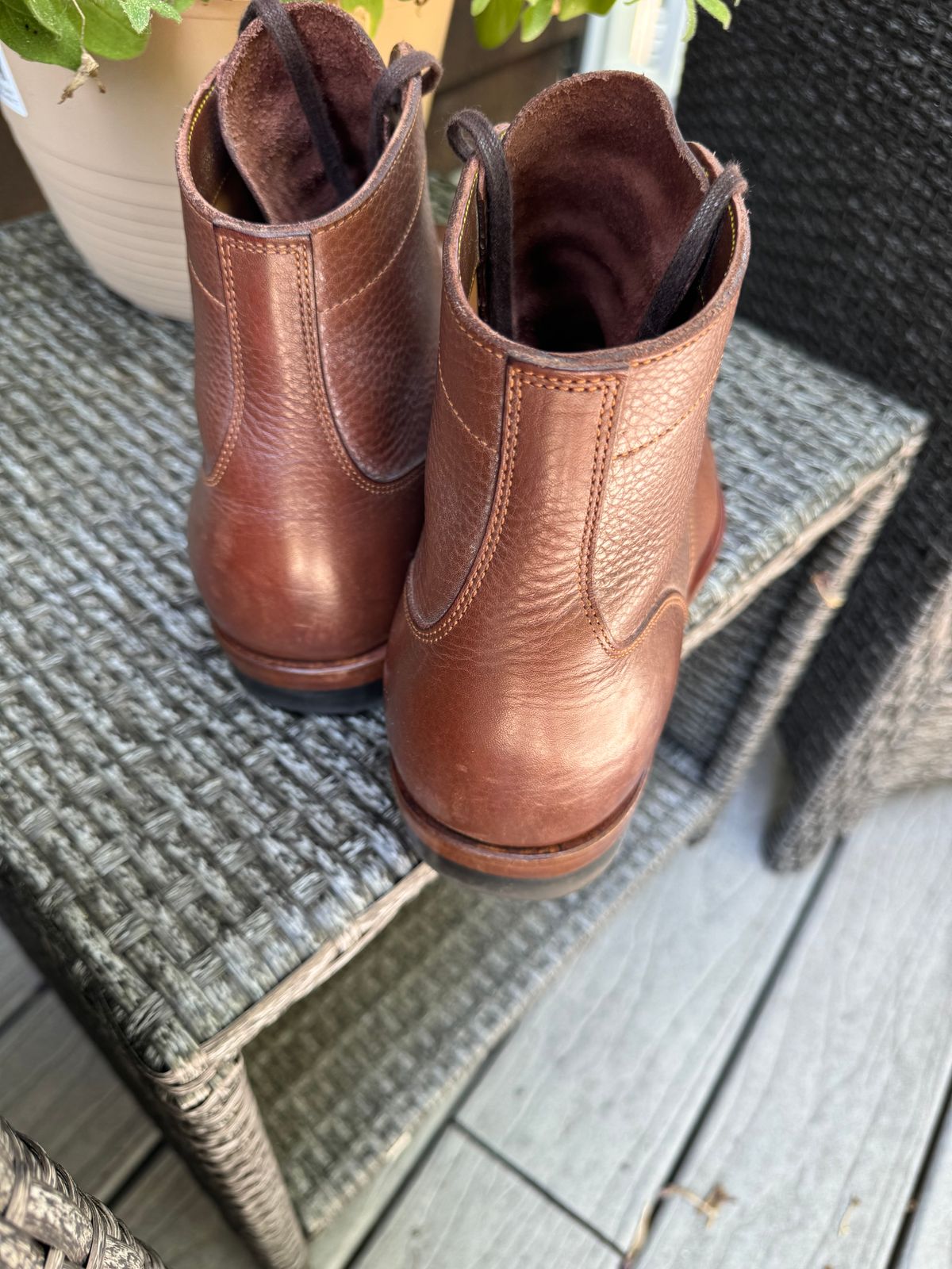 Photo by catchyname on June 26, 2024 of the Iron Boots Devil Dog in Coffee Brown Italy Waxed Bullhide.