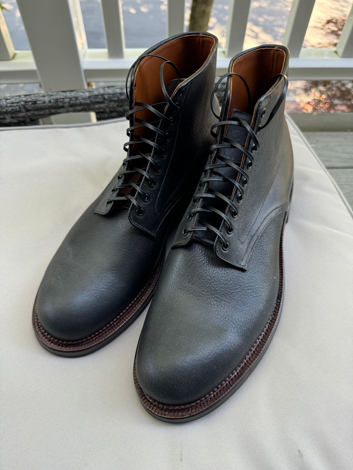 Photo by catchyname on September 5, 2024 of the Viberg Navvy Boot in Horween Black Washed Chromexcel & Washed Chromexcel.