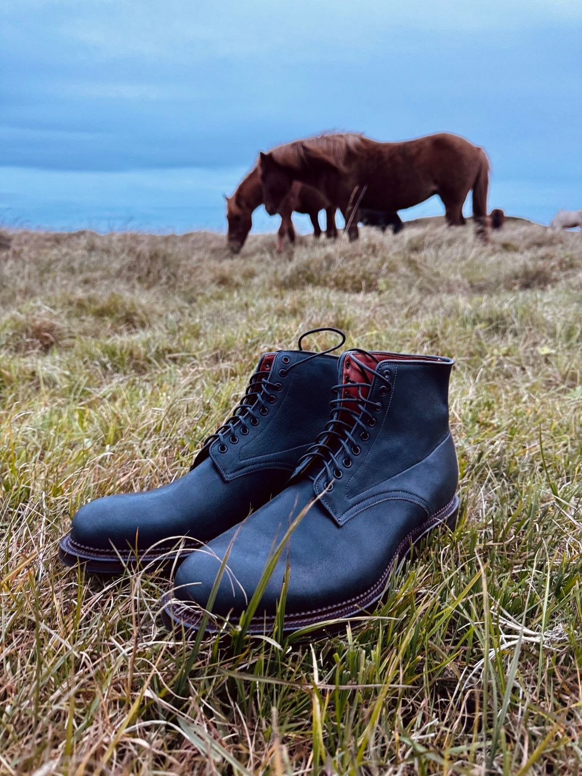 Photo by catchyname on September 28, 2024 of the Viberg Navvy Boot in Horween Black Washed Chromexcel & Washed Chromexcel.