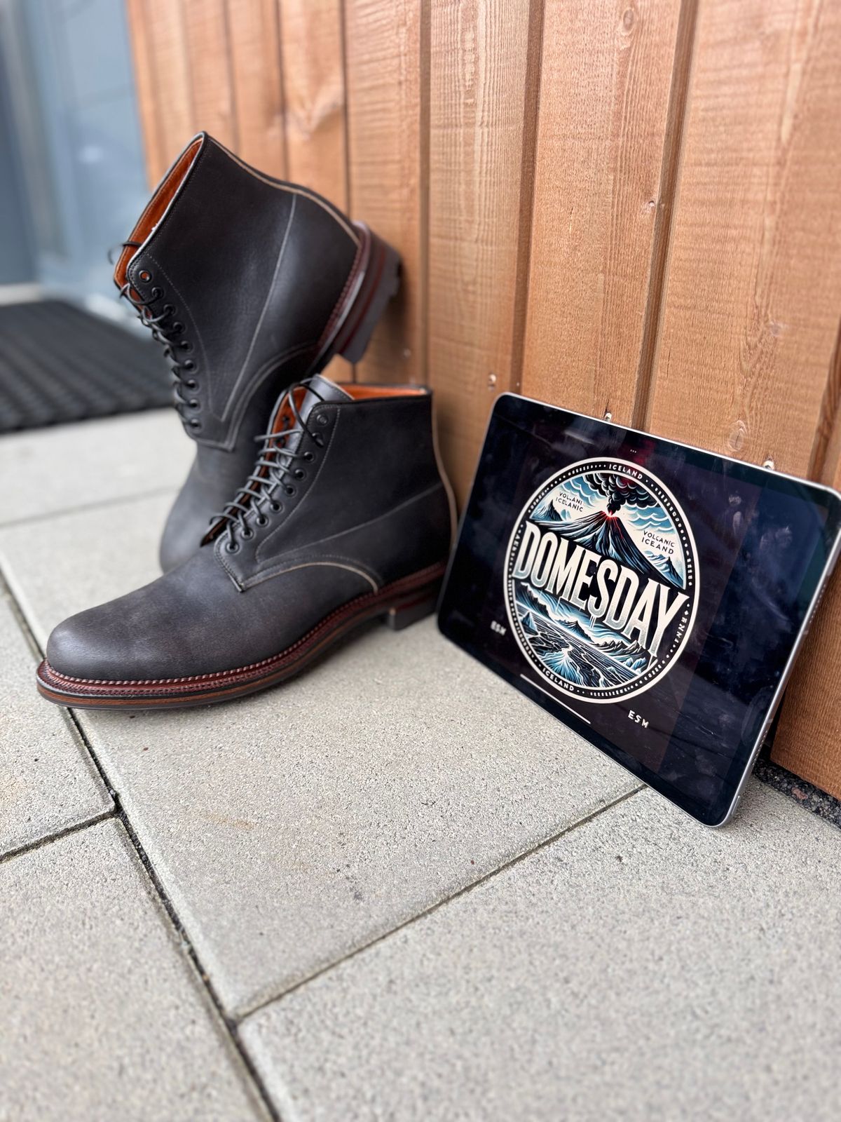 Photo by catchyname on October 2, 2024 of the Viberg Navvy Boot in Horween Black Washed Chromexcel & Washed Chromexcel.