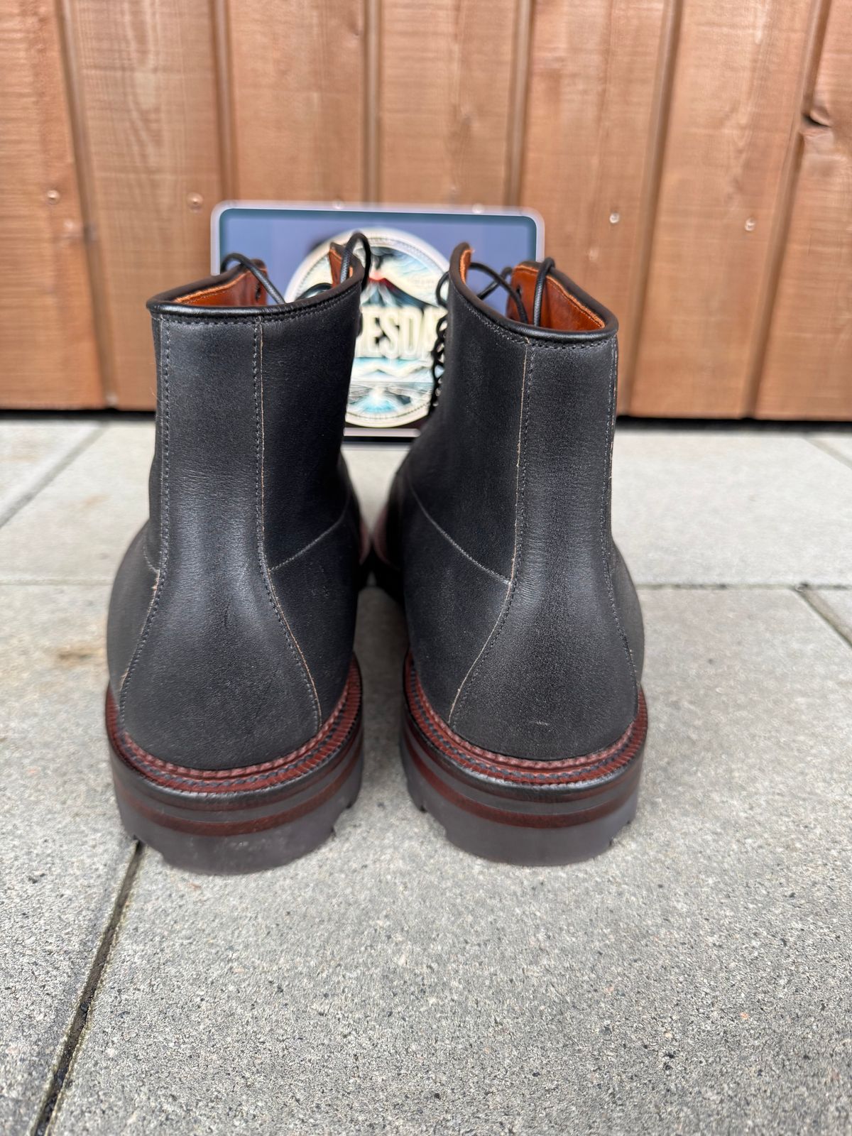 Photo by catchyname on October 2, 2024 of the Viberg Navvy Boot in Horween Black Washed Chromexcel & Washed Chromexcel.