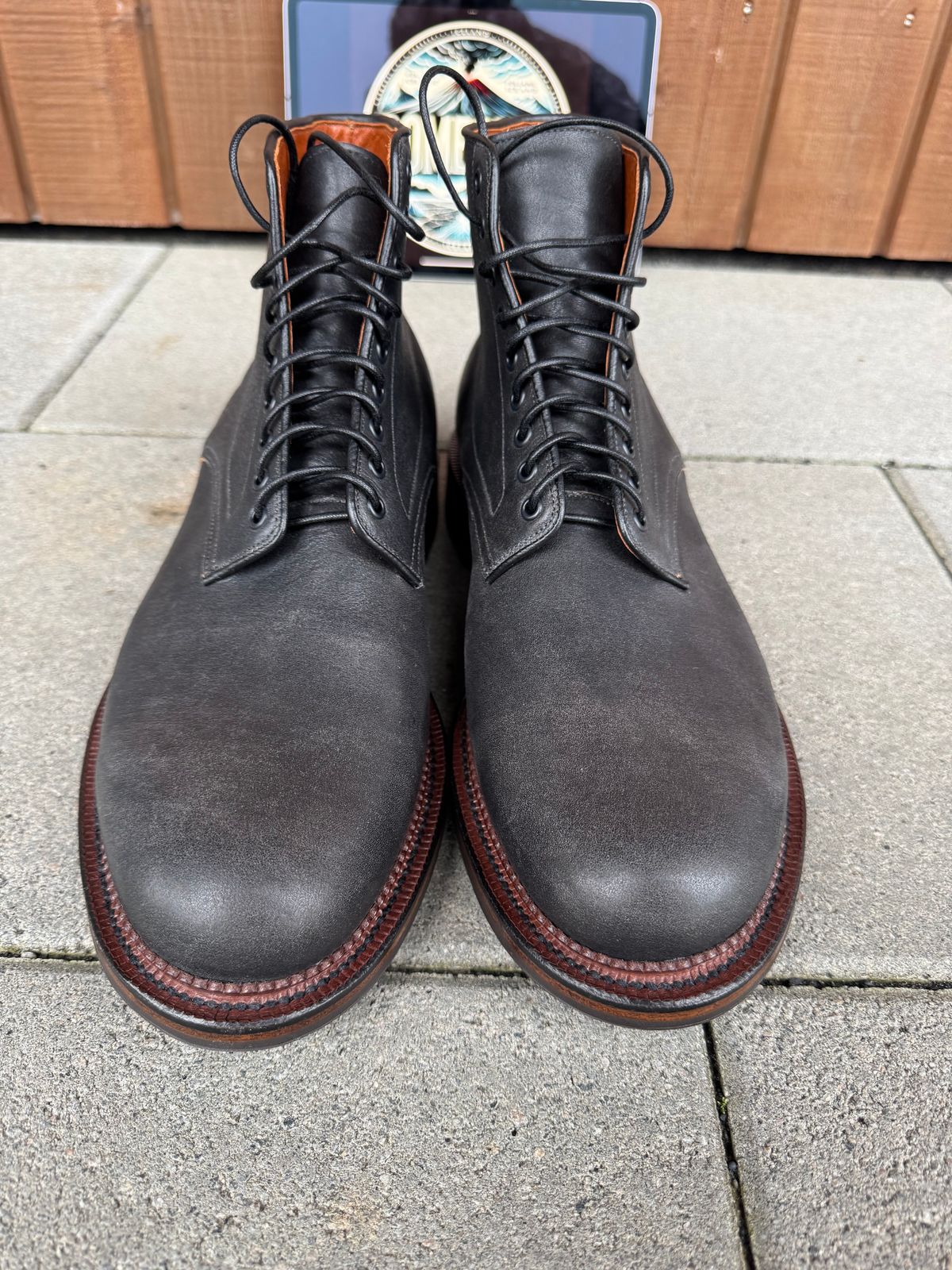 Photo by catchyname on October 2, 2024 of the Viberg Navvy Boot in Horween Black Washed Chromexcel & Washed Chromexcel.