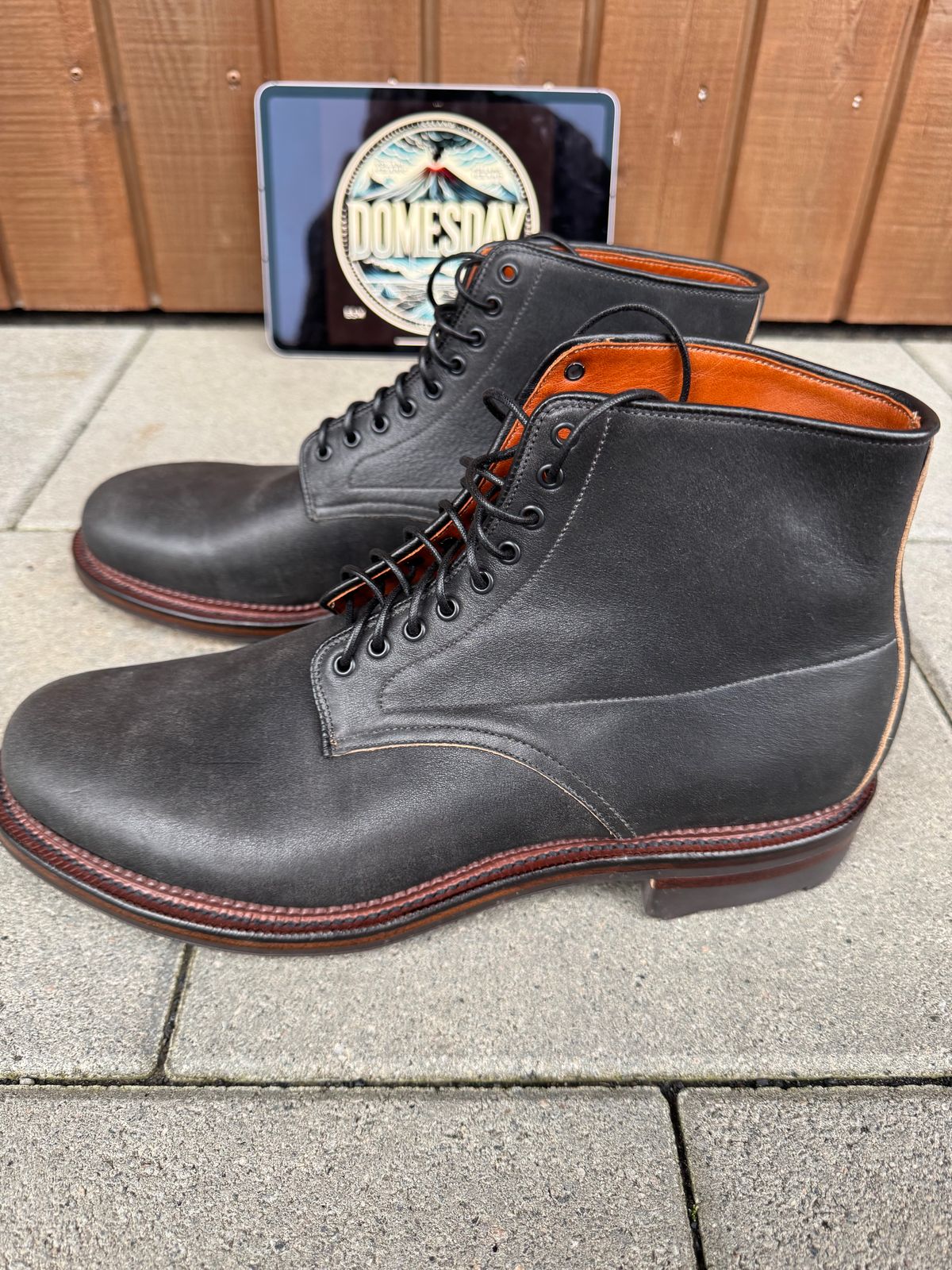 Photo by catchyname on October 2, 2024 of the Viberg Navvy Boot in Horween Black Washed Chromexcel & Washed Chromexcel.
