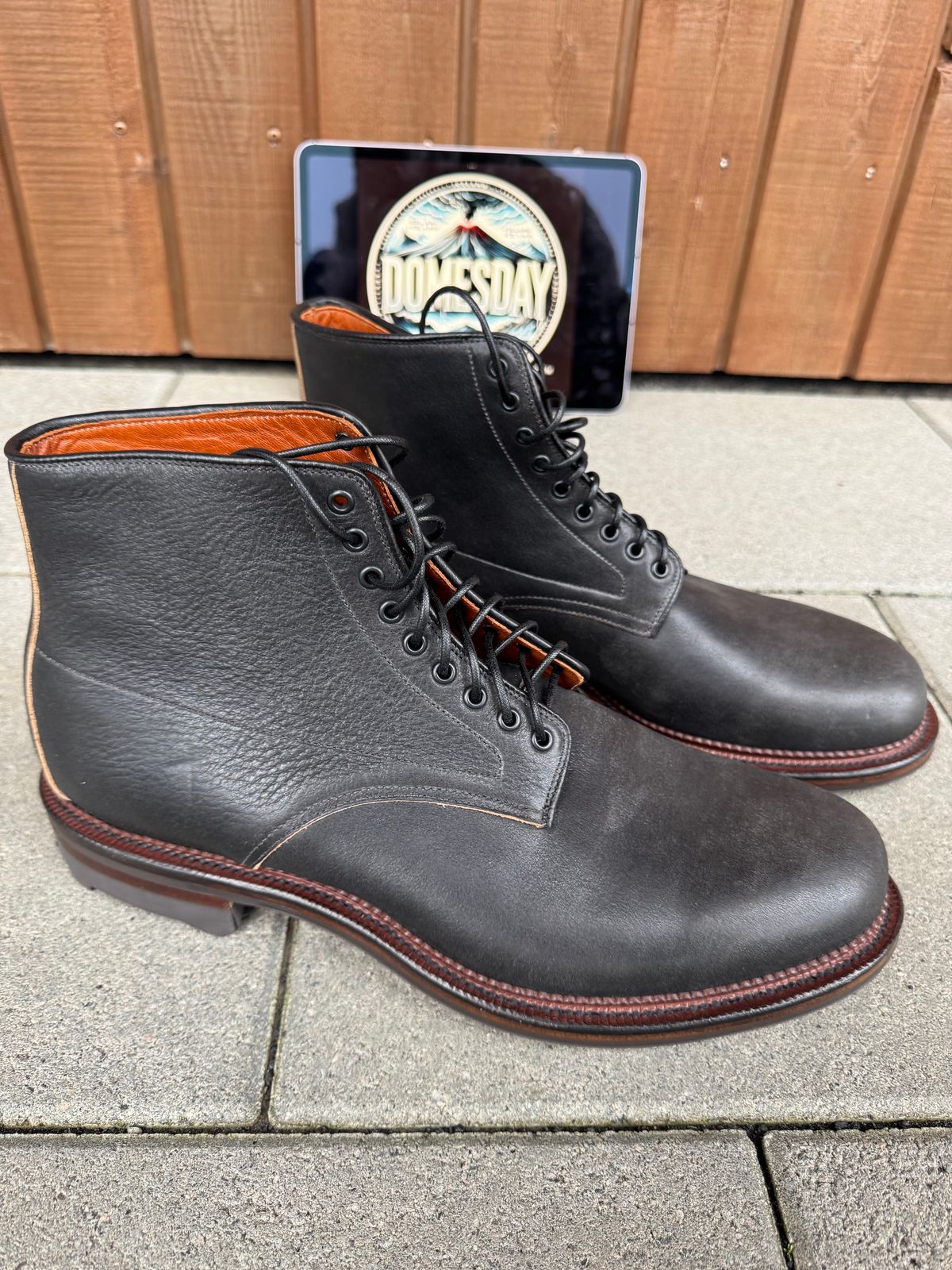 Photo by catchyname on October 2, 2024 of the Viberg Navvy Boot in Horween Black Washed Chromexcel & Washed Chromexcel.