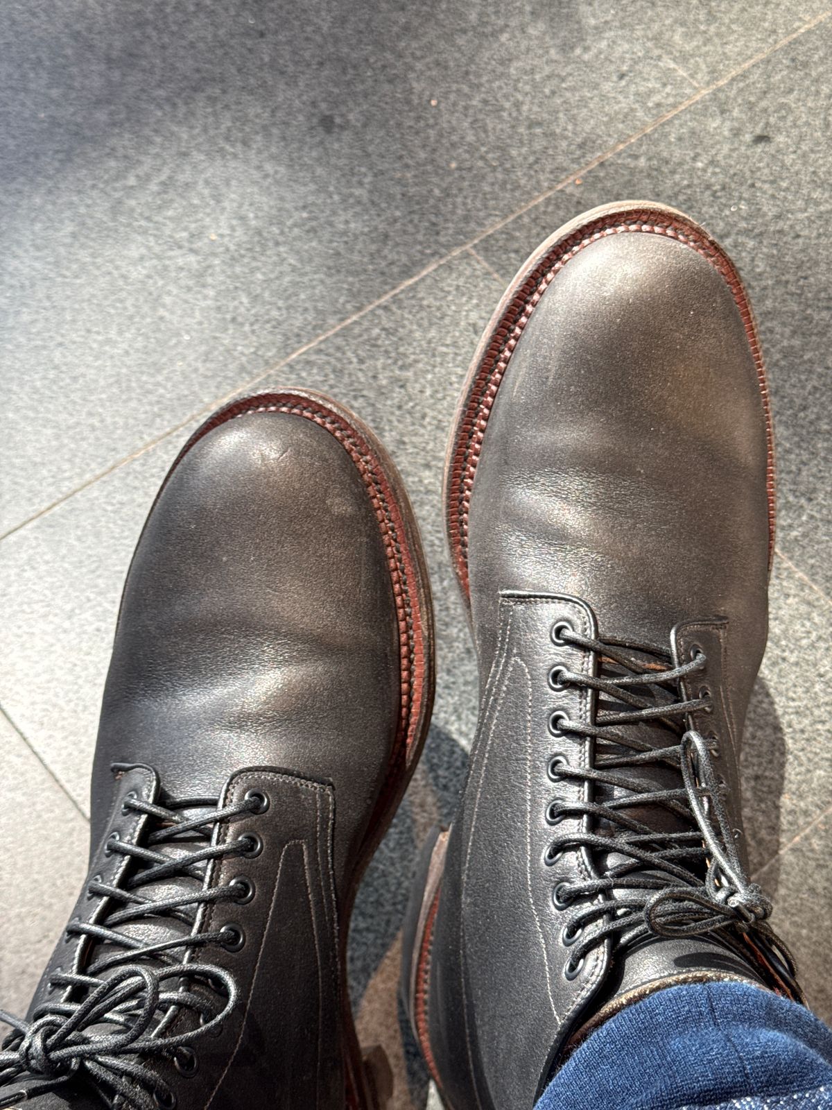 Photo by catchyname on October 4, 2024 of the Viberg Navvy Boot in Horween Black Washed Chromexcel & Washed Chromexcel.