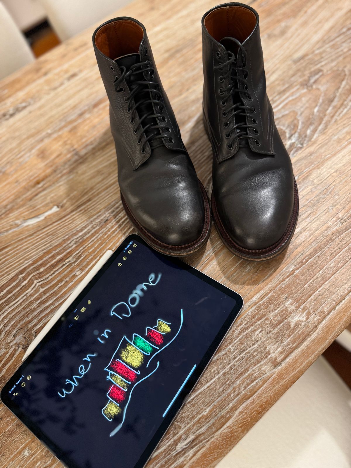 Photo by catchyname on November 3, 2024 of the Viberg Navvy Boot in Horween Black Washed Chromexcel & Washed Chromexcel.