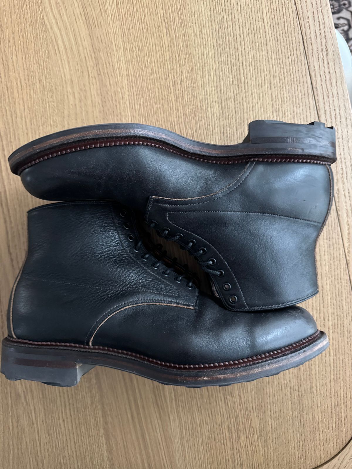 Photo by catchyname on December 5, 2024 of the Viberg Navvy Boot in Horween Black Washed Chromexcel & Washed Chromexcel.