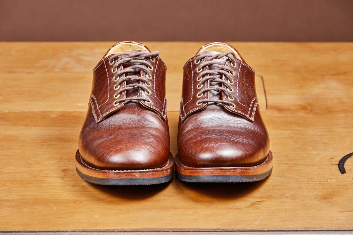 Photo by cliff.bar.nett on June 29, 2024 of the Sagara Officer Shoes in Shinki Red Brown Oiled Horsebutt.