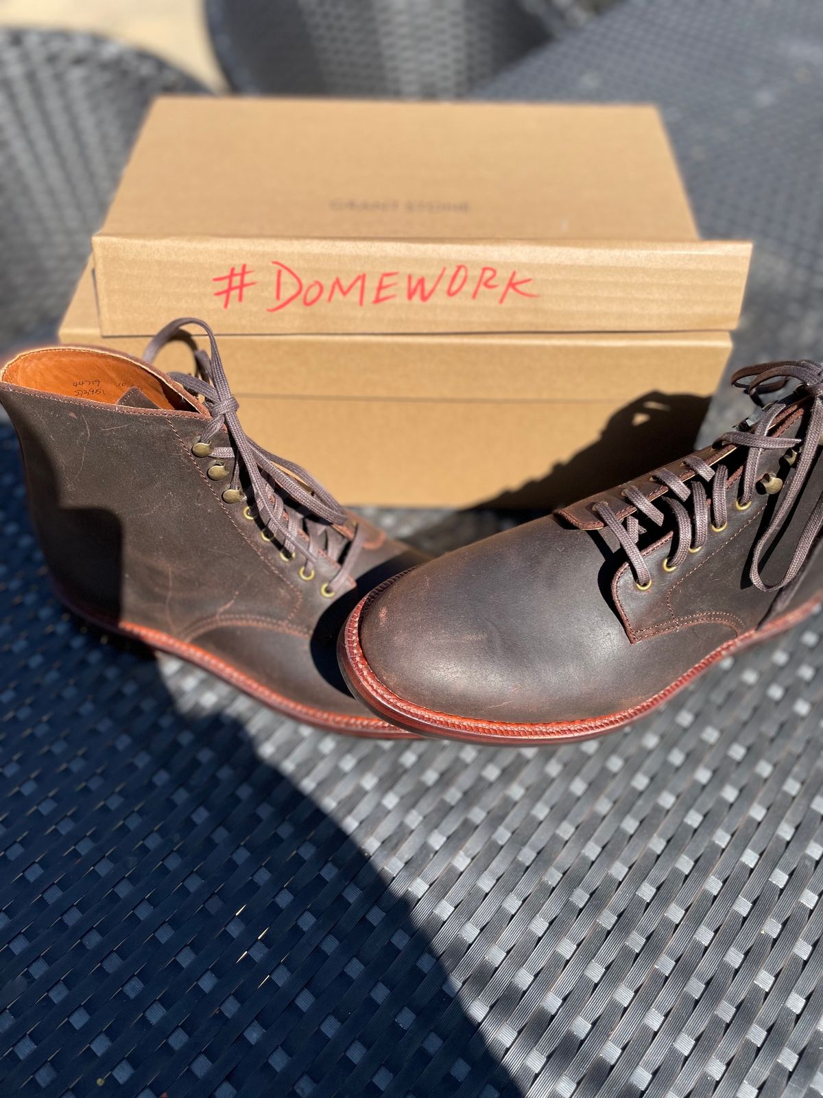 Photo by Armmmmm on October 1, 2022 of the Grant Stone Edward Boot in C.F. Stead Tobacco Waxy Commander Suede.
