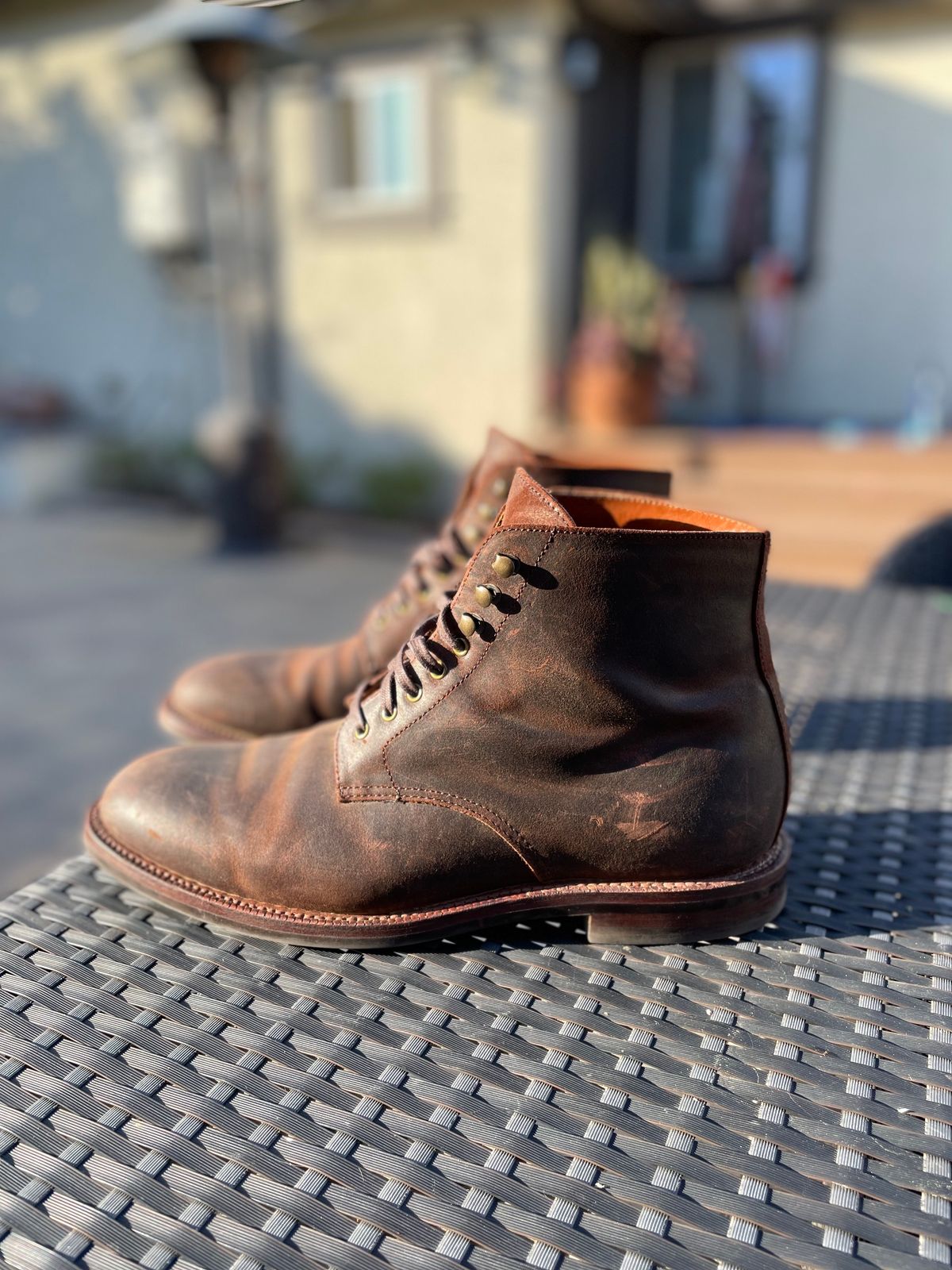 Photo by Armmmmm on November 2, 2022 of the Grant Stone Edward Boot in C.F. Stead Tobacco Waxy Commander Suede.