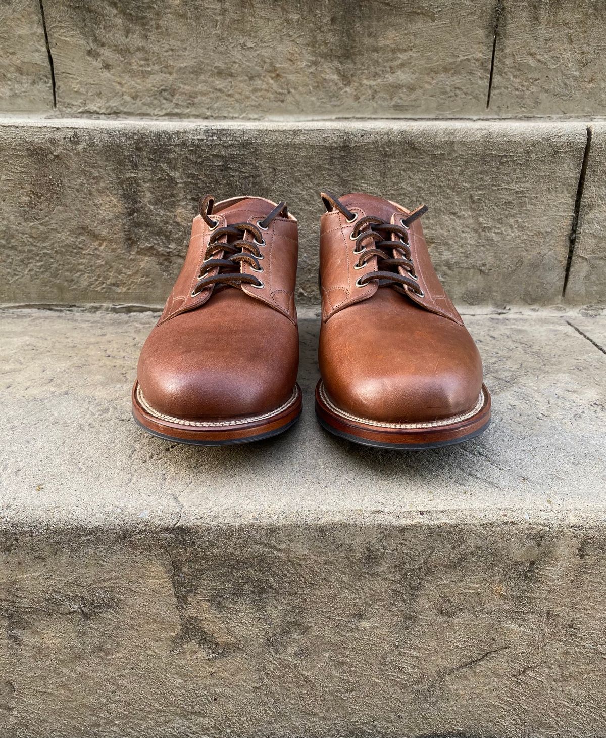 Photo by titletowngoods on October 5, 2022 of the Viberg 145 Oxford in Horween Natural Essex Workshoe Butt.