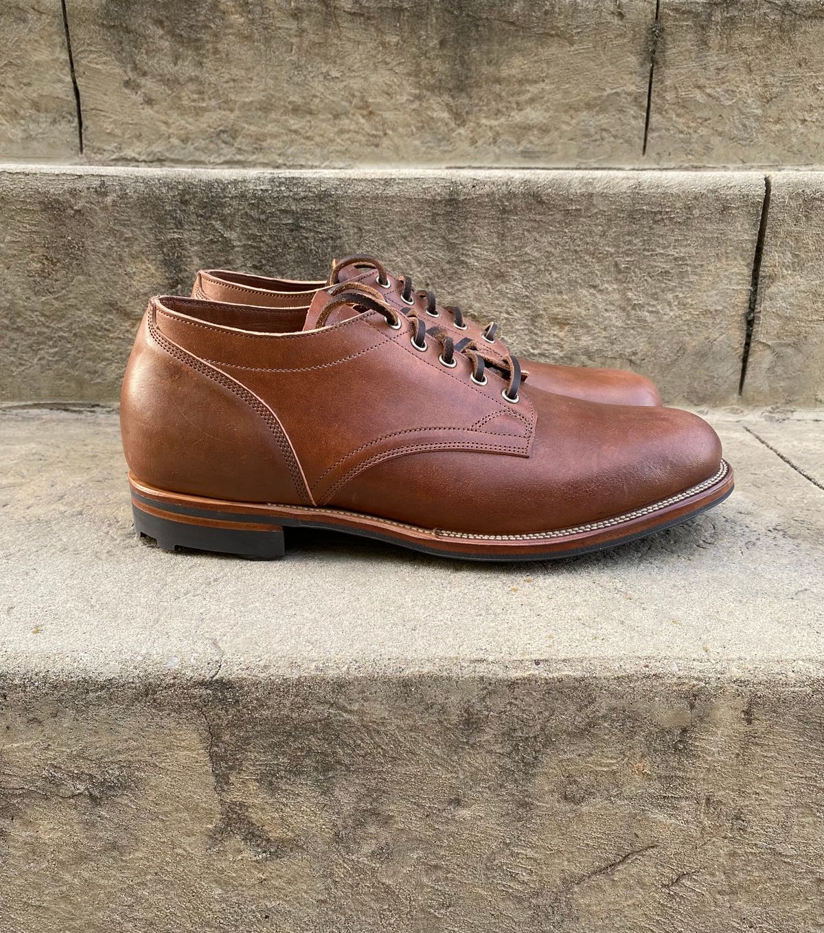 Photo by titletowngoods on October 5, 2022 of the Viberg 145 Oxford in Horween Natural Essex Workshoe Butt.