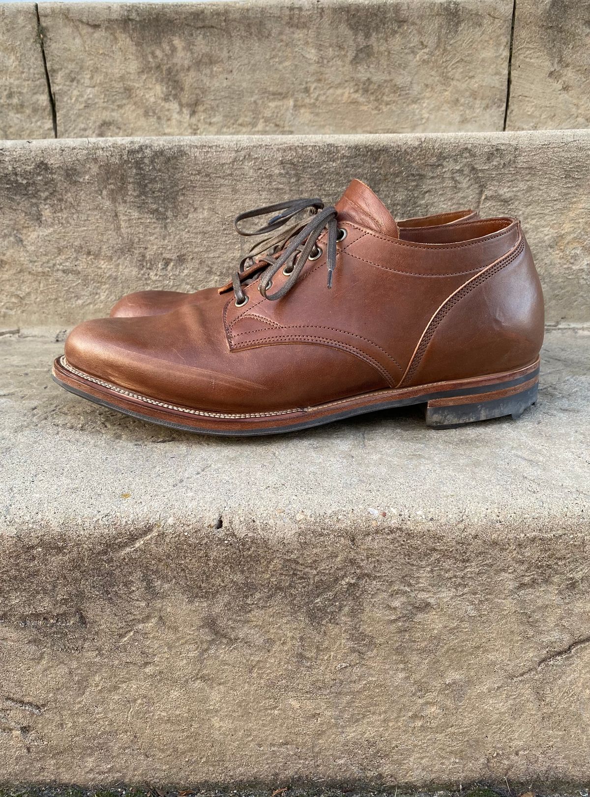 Photo by titletowngoods on November 5, 2022 of the Viberg 145 Oxford in Horween Natural Essex Workshoe Butt.
