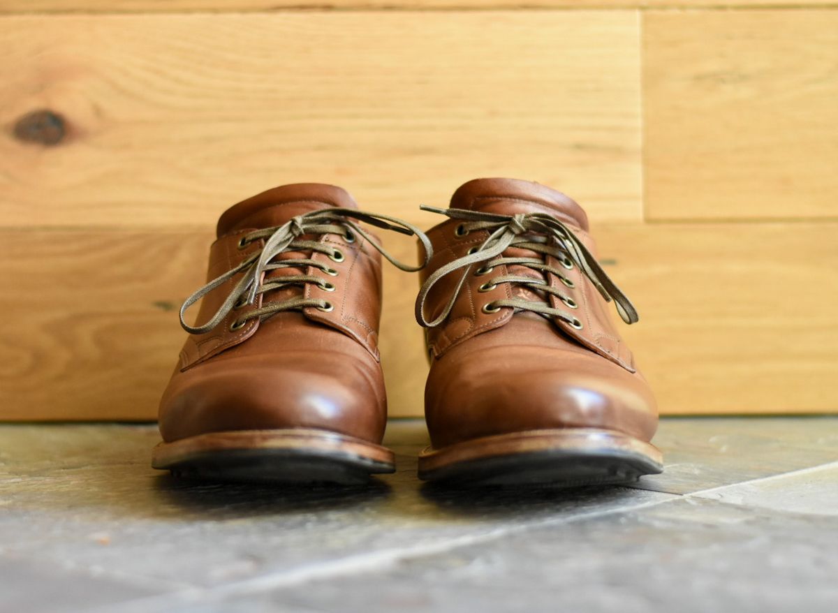 Photo by titletowngoods on February 3, 2023 of the Viberg 145 Oxford in Horween Natural Essex Workshoe Butt.