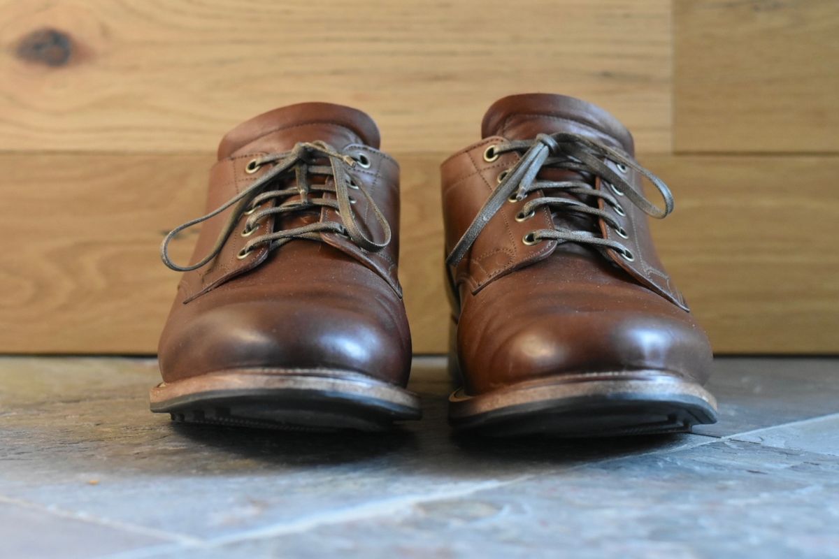 Photo by titletowngoods on March 3, 2023 of the Viberg 145 Oxford in Horween Natural Essex Workshoe Butt.