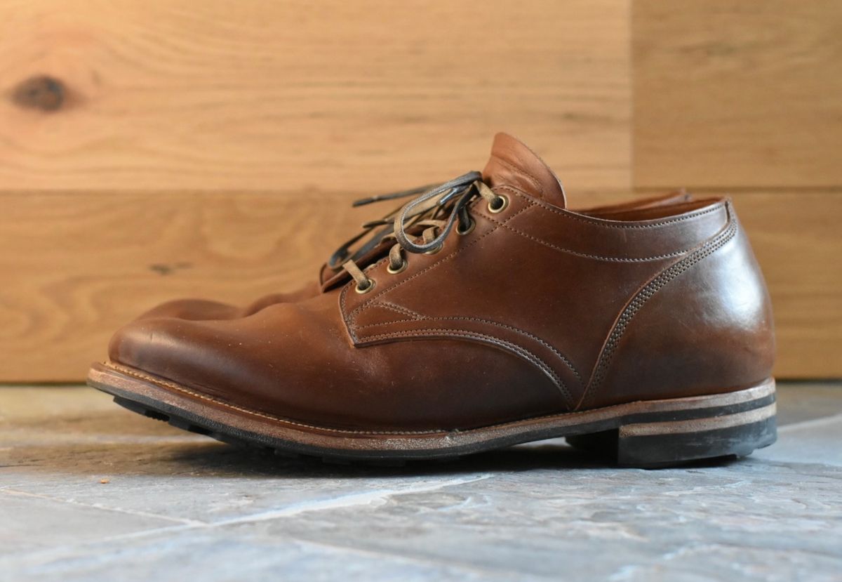 Photo by titletowngoods on March 3, 2023 of the Viberg 145 Oxford in Horween Natural Essex Workshoe Butt.