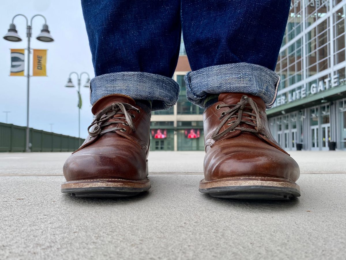 Photo by titletowngoods on April 3, 2023 of the Viberg 145 Oxford in Horween Natural Essex Workshoe Butt.