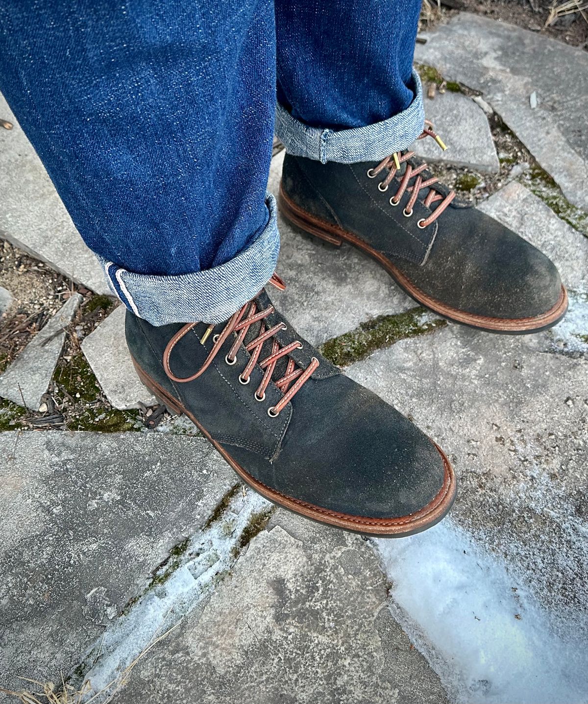 Photo by titletowngoods on December 4, 2023 of the Oak Street Bootmakers Field Boot in Horween Natural Indigo Chromexcel Roughout.