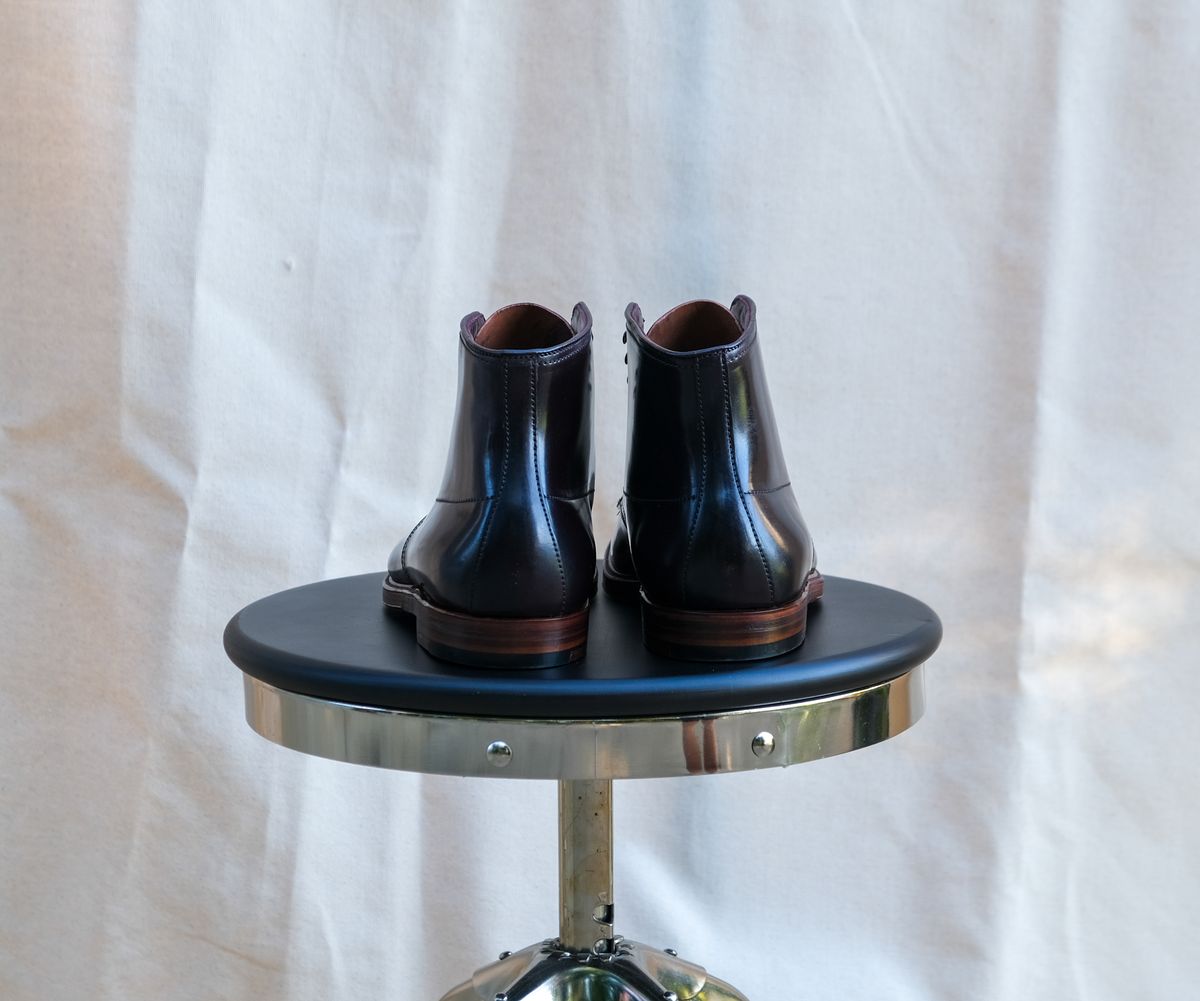 Photo by titletowngoods on October 1, 2024 of the Alden Indy Boot in Horween Color 8 Shell Cordovan.