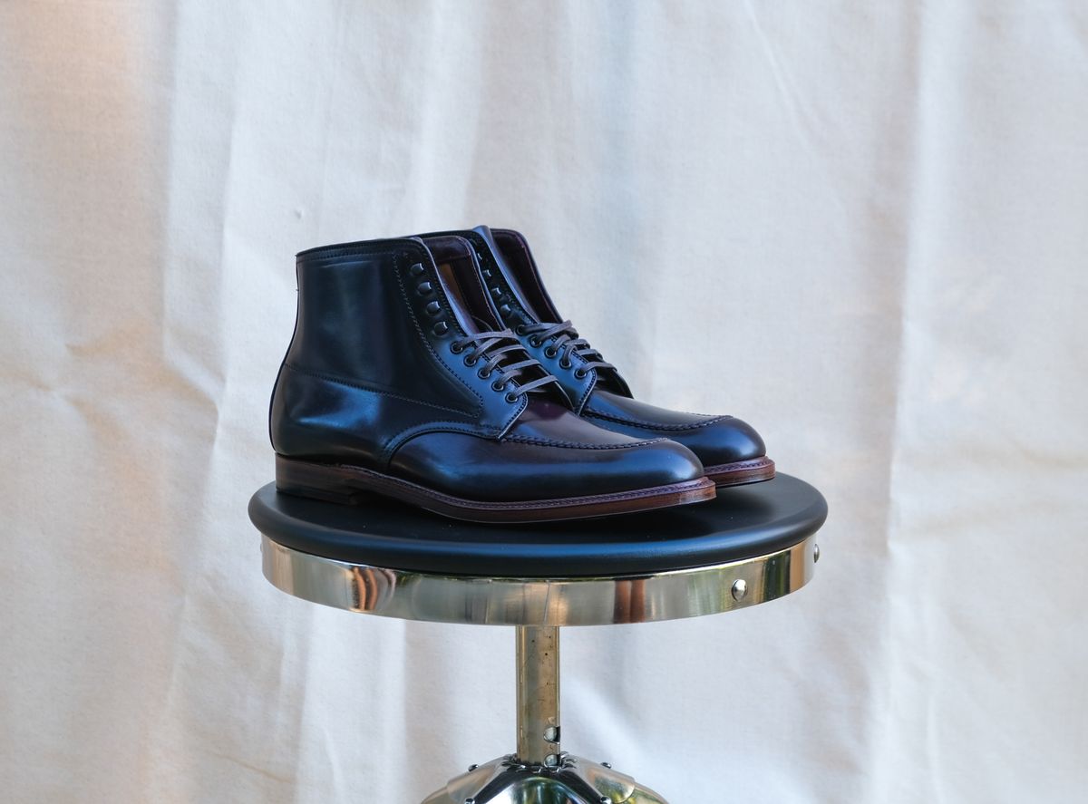 Photo by titletowngoods on October 1, 2024 of the Alden Indy Boot in Horween Color 8 Shell Cordovan.