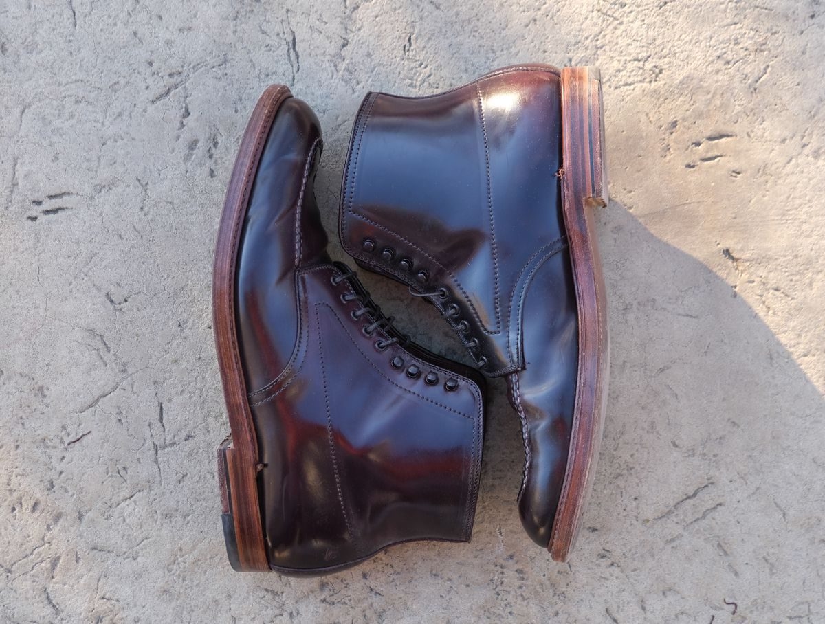Photo by titletowngoods on November 4, 2024 of the Alden Indy Boot in Horween Color 8 Shell Cordovan.