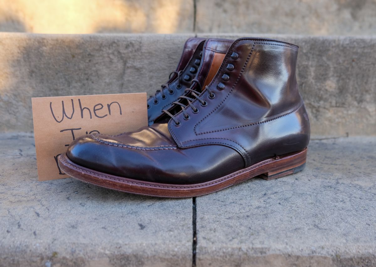 Photo by titletowngoods on November 4, 2024 of the Alden Indy Boot in Horween Color 8 Shell Cordovan.