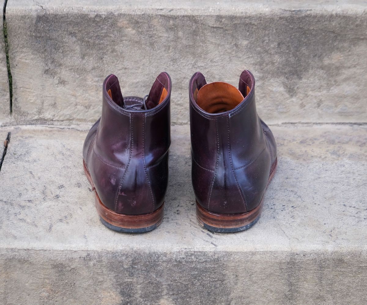 Photo by titletowngoods on December 2, 2024 of the Alden Indy Boot in Horween Color 8 Shell Cordovan.