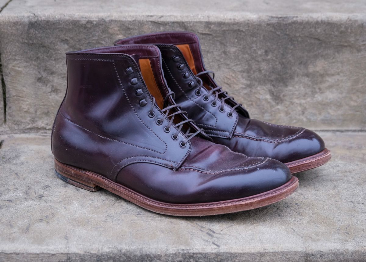Photo by titletowngoods on January 1, 2025 of the Alden Indy Boot in Horween Color 8 Shell Cordovan.