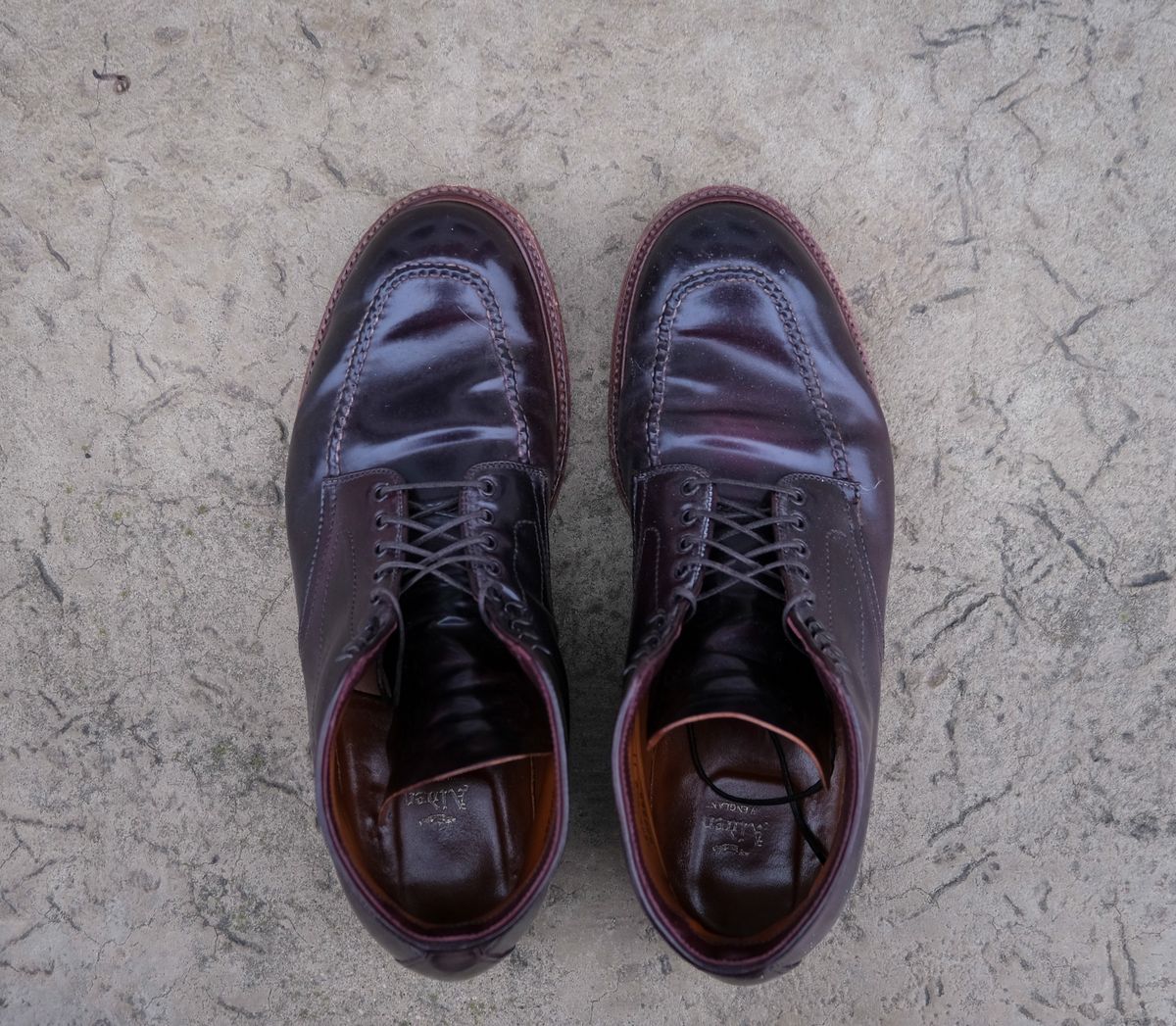 Photo by titletowngoods on January 1, 2025 of the Alden Indy Boot in Horween Color 8 Shell Cordovan.