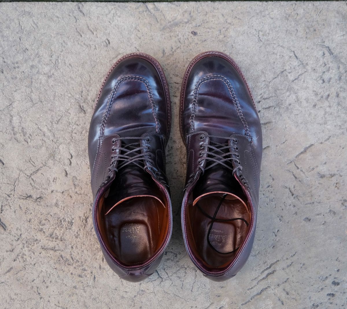 Photo by titletowngoods on February 27, 2025 of the Alden Indy Boot in Horween Color 8 Shell Cordovan.